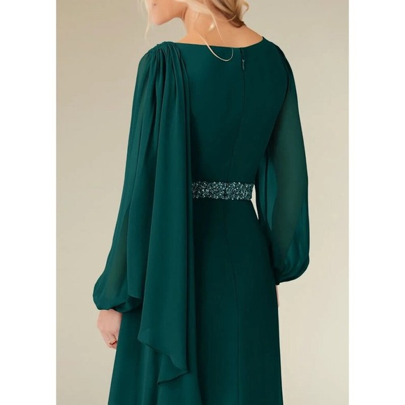 Azazie Priyanka Peacock A-Line Boatneck Pleated Chiffon Maxi Dress - Picture 4 of 8
